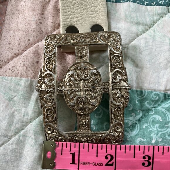 Vtg Brave Beltworks Leather Belt Womens Buckle Made in Italy White Silver 80s - Picture 8 of 10